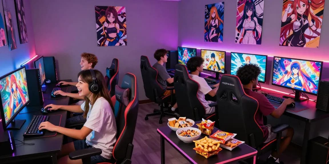 Engaging scene of gamers playing a hentai game, immersive setup with colorful LED lights and anime-inspired decor.
