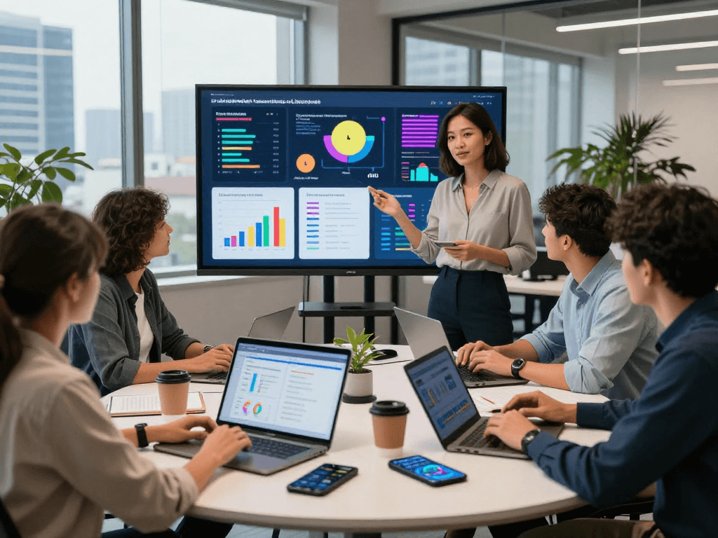 Collaborative marketing team discussing juicy ai strategies in a vibrant office.