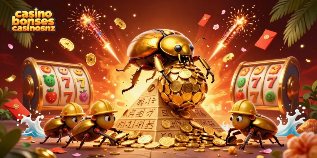 Engage with casino bonuses casinosnz through dynamic 3D illustration of beetles celebrating with coins and slots.