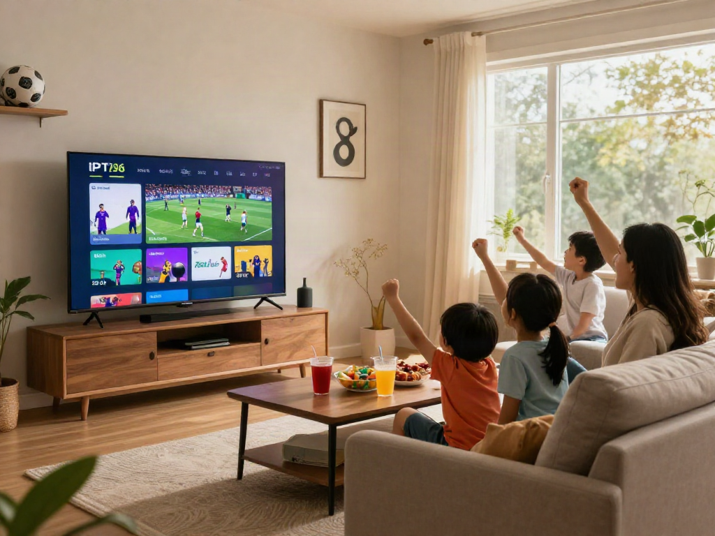Family enjoying abbonamento iptv while watching live sports in a cozy living room.