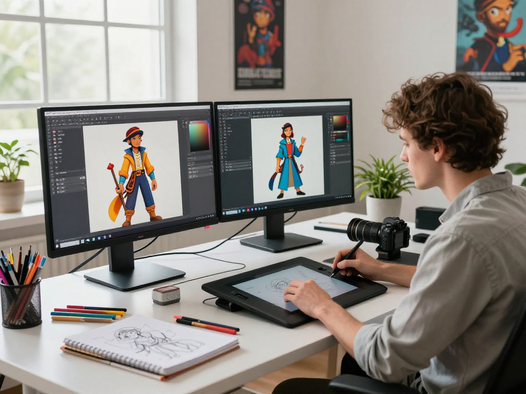 Creating unique character designs with sluts ai in a bright art studio filled with vibrant tools and tech.