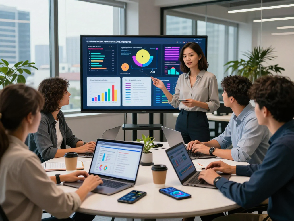 Collaborative marketing team discussing juicy ai strategies in a vibrant office.
