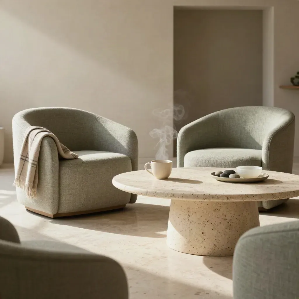 Studio di consulenza in travertino con due poltrone, tazze fumanti e luce dopo la pioggia.