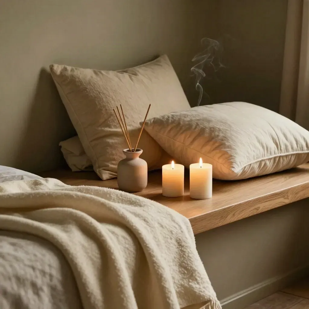 Angolo notte soffuso con plaid in cashmere, candele spente, diffusore e cuscini materici.