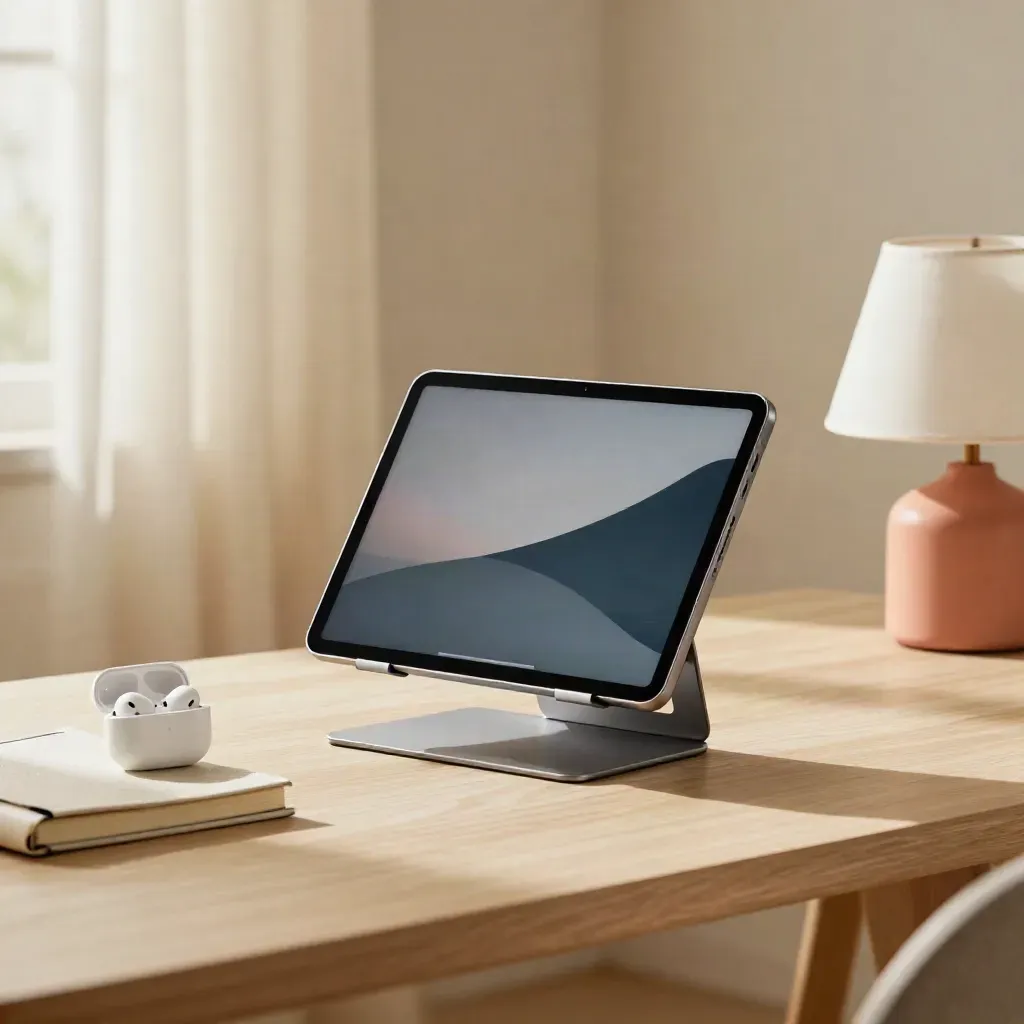Tablet inclinato, auricolari e taccuino chiuso su scrivania chiara, luce calda