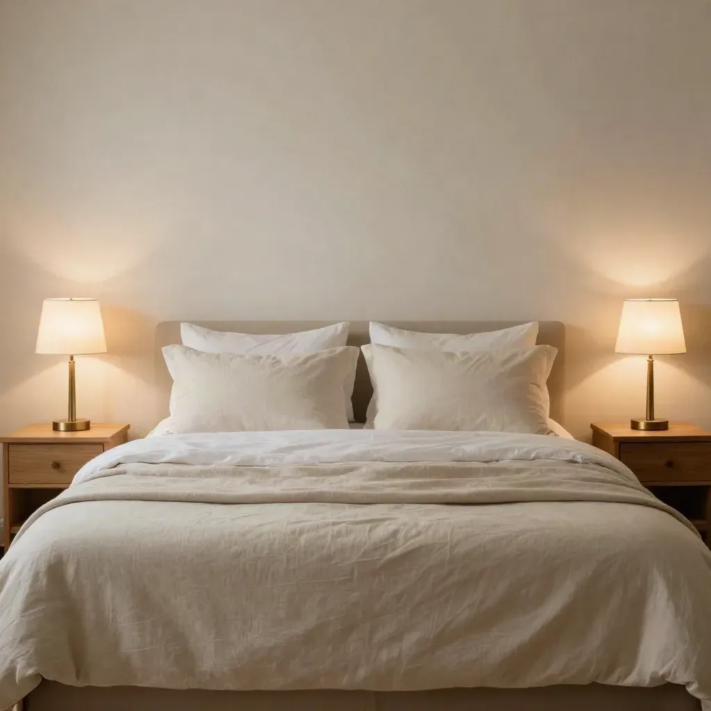 Camera bassa su letto restaurato con lampade accese e cuscini simmetrici