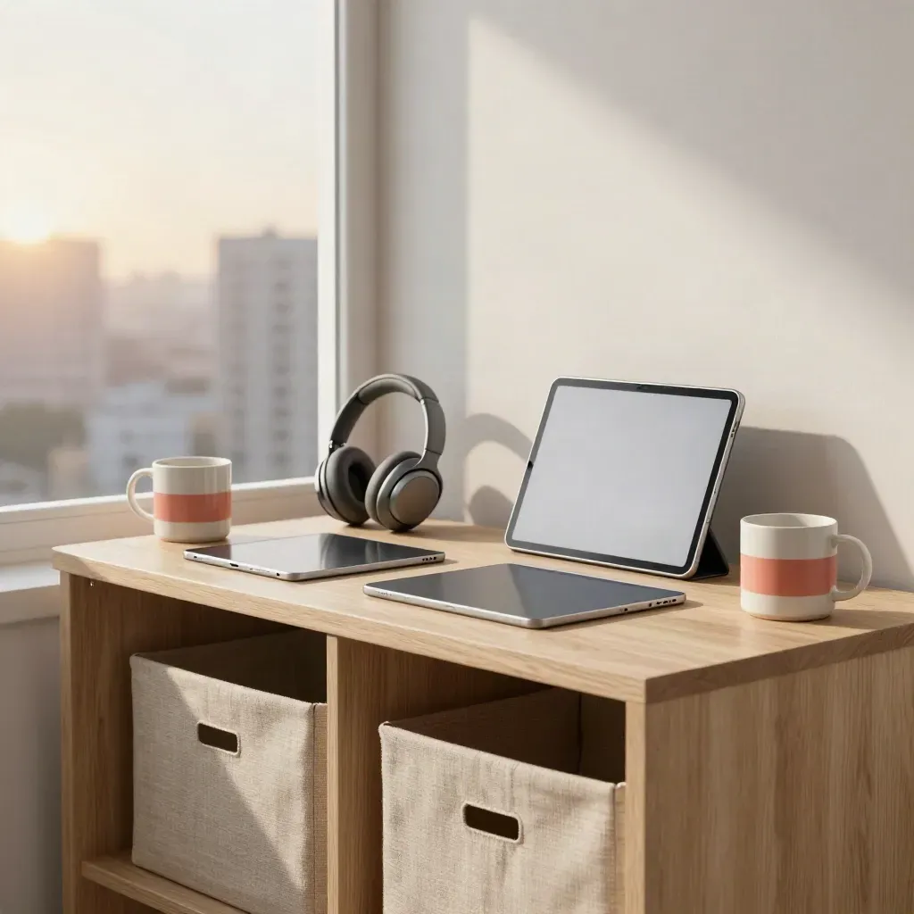 Angolo lavoro remoto con tablet, cuffie e tazze coordinate su una mensola, luce del mattino.