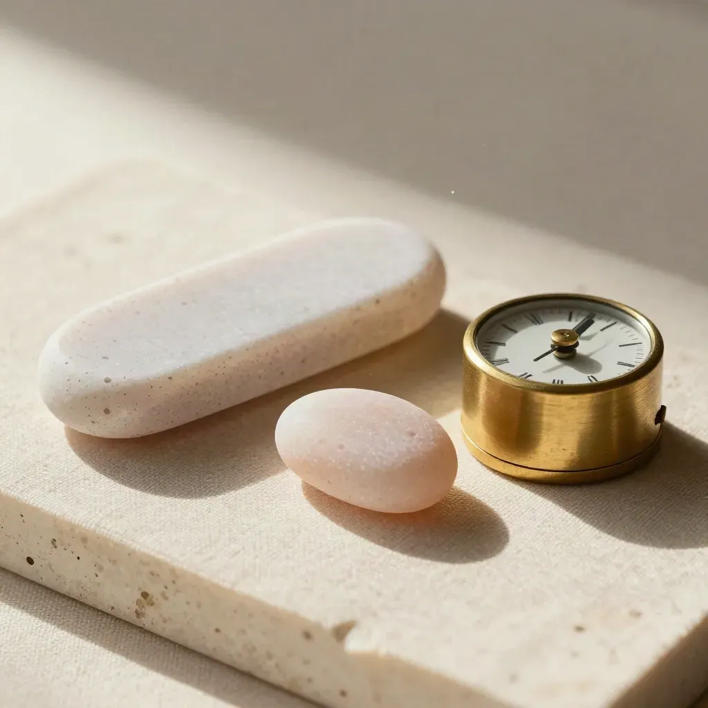 Gettone in pietra, sasso antistress e timer in ottone su lino grezzo