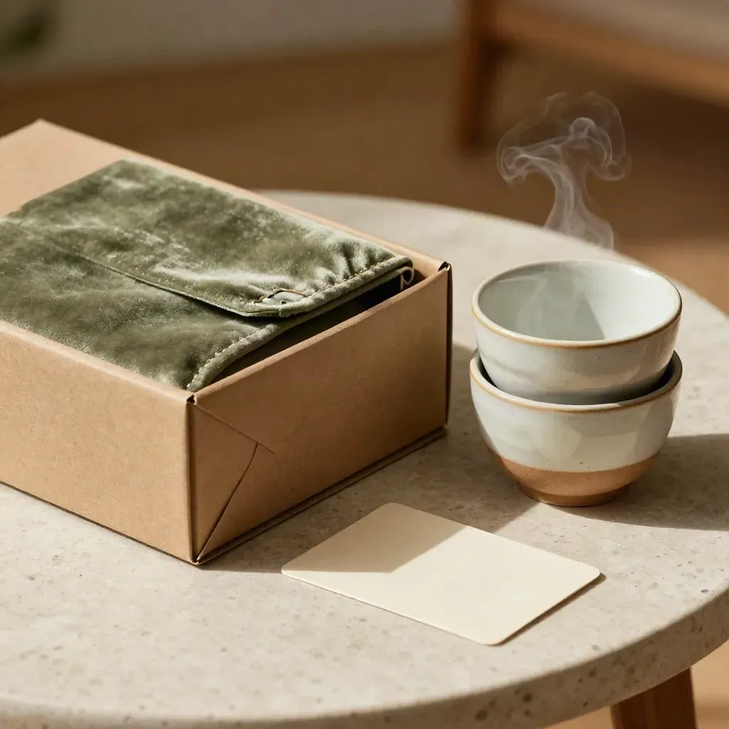 Scatola emozioni, sacchetto di velluto e tazze in ceramica con vapore, luce calda.