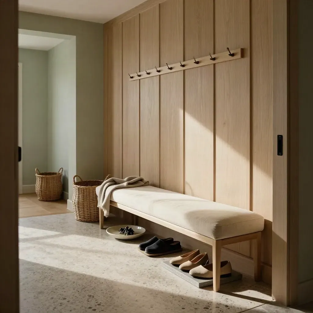 Ingresso familiare ordinato con cestini, scarpiere e panca in luce naturale.