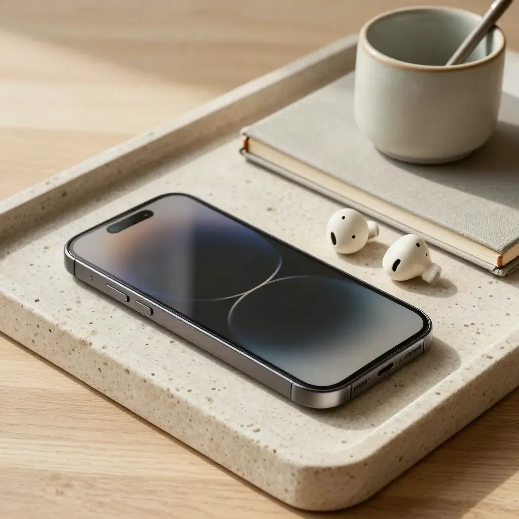 Smartphone, auricolari e taccuino su vassoio in travertino, luce soffusa dall’alto.