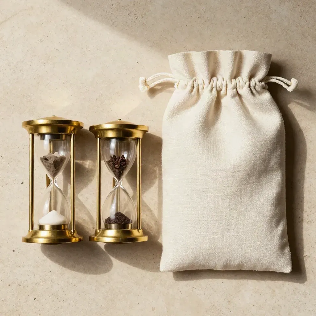 Tre clessidre in ottone, una pochette in lino e una cartellina su lino grezzo.