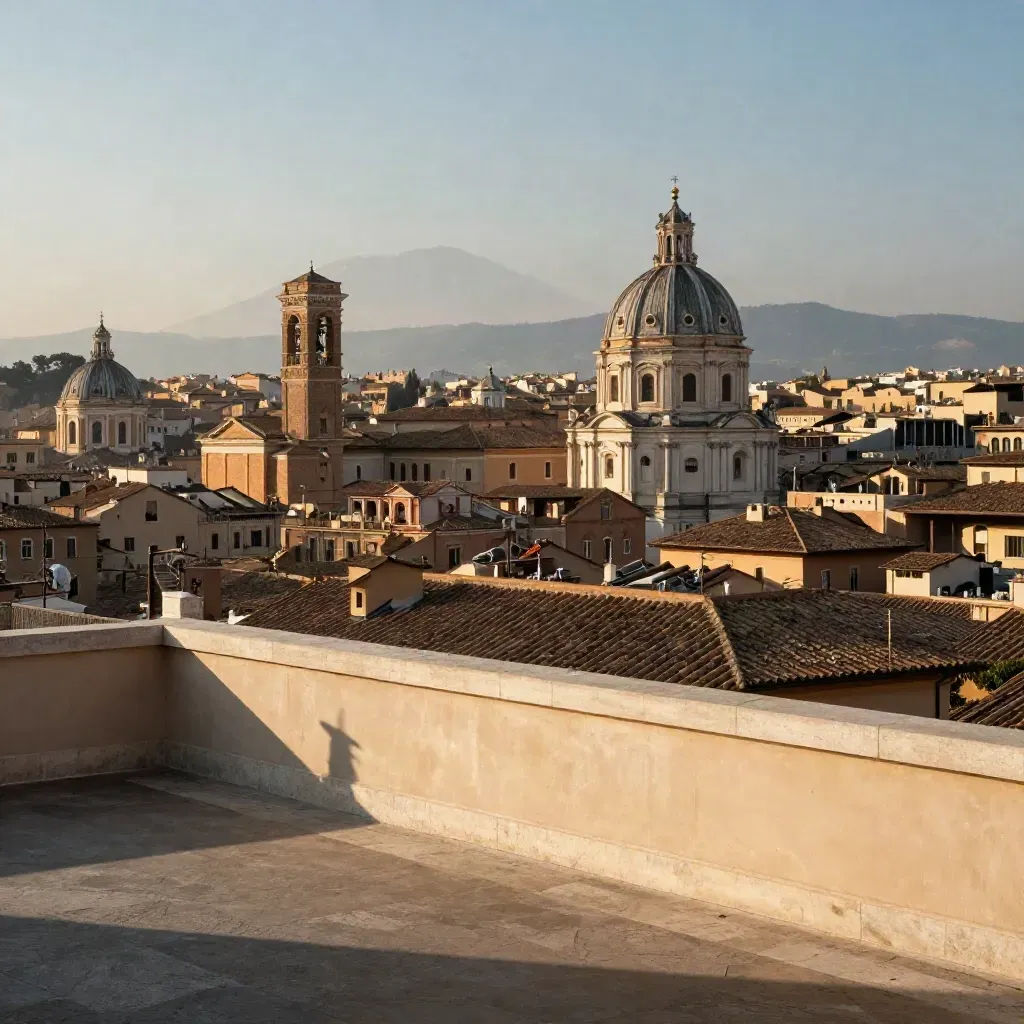 Veduta di Roma dall’alto, cupole e tetti in terracotta sopra una terrazza chiara.