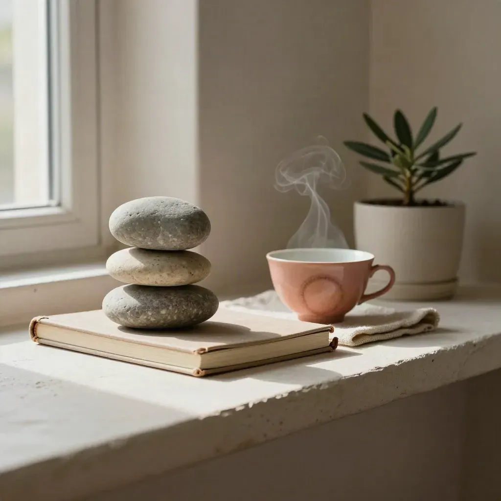 Vassoio con sassi bilanciati, tazza in ceramica, taccuino chiuso e piantina su mensola chiara.