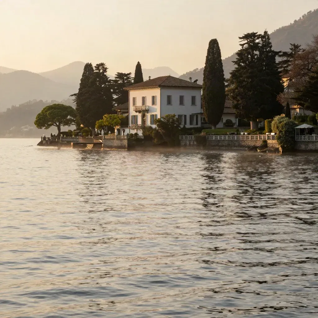 Villa bianca e cipressi sul Lago di Como nella luce dorata dell’alba
