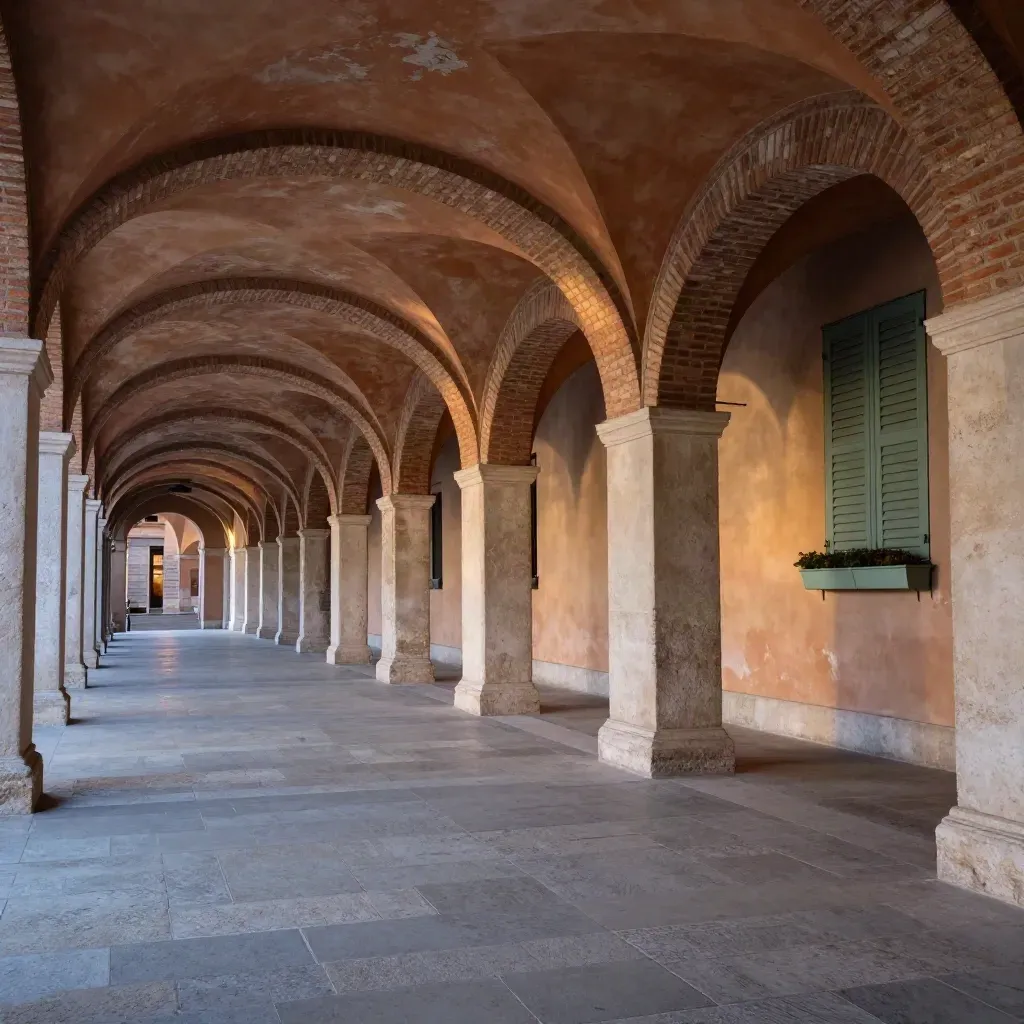 Portici di Bologna al blu hour con piazza in pietra vuota e luce morbida.