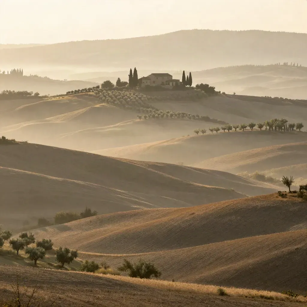 Colline toscane avvolte nella nebbia, casale e cipressi in alto, spazio vuoto sotto.