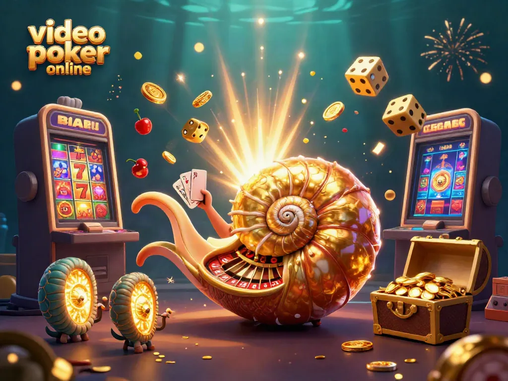 Experience thrilling video poker online with a vibrant 3D scene of casino elements and dynamic characters.