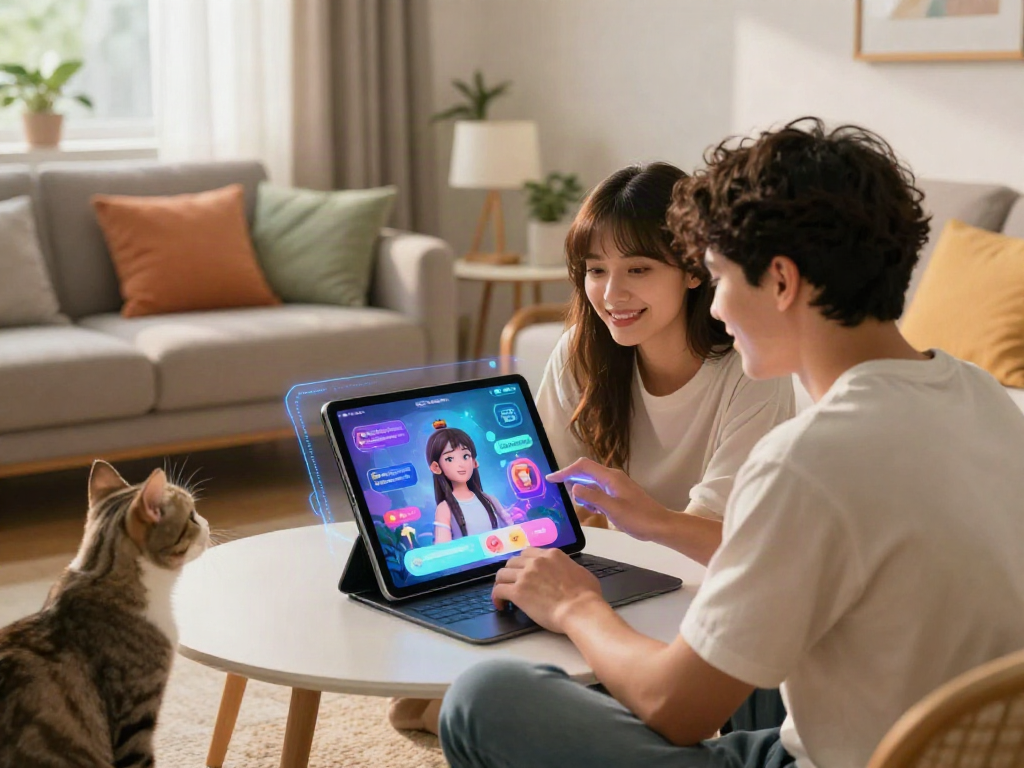 Engaging interaction with an AI gf app in a cozy home setting.