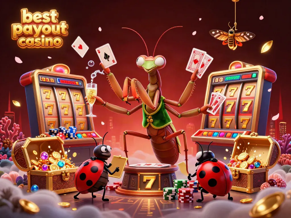 Experience the best payout casino with vibrant slot reels and a lively card sharp in a whimsical casino scene.